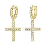 14K Gold Plated Cross Earring Hoop Earrings Classical Cross earrings for Men Women Pave CZ Cross Ear