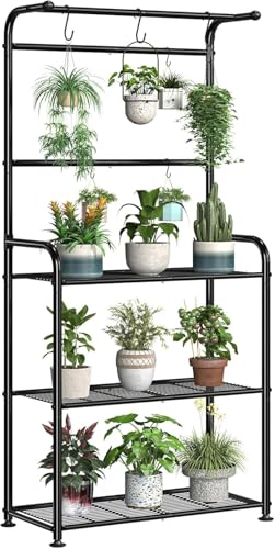 Ekisemio Plant Stands Outdoor with Hooks, Metal Tall Plant Shelves Indoor for Hanging Planter, Black