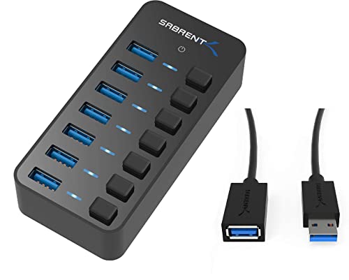 7 Port USB 3.0 Hub with Individual Power Switches and LEDs Includes 36W 12V/3A Power Adapter+USB 3.0 Extension Cable A Male to A Female [Black] 6 Feet