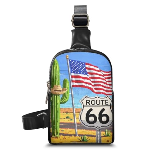 American Travel Small Crossbody Bags for Women Pixel Art Sling Chest Bag, Route 66 Print Daypack Crossbody Purse Hiking Chest Packs PU Leather2