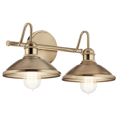 Image of Kichler Clyde 2-Light Bathroom Vanity Light Fixture, Industrial Wall Sconce with Metal Shades in Champagne Bronze for Rustic and Traditional Decor (17 inch x 7.5 inch x 8.25 inch), 45944CPZ