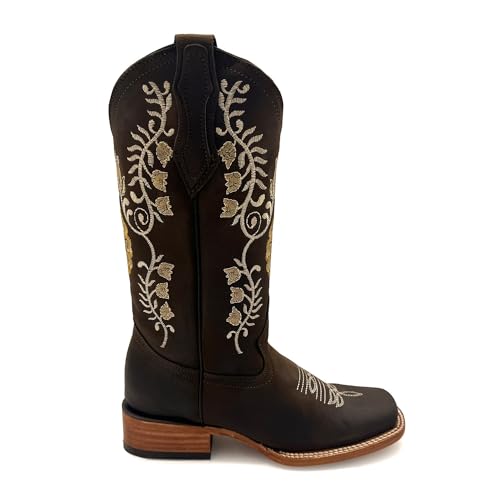 Women’s Genuine Leather Brown Square Toe Western Floral Embroidered Cowgirl Boots Mid Calf4