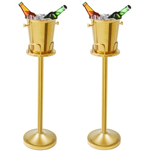 Lallisa 2 Pieces Wine Ice Bucket with Stand Stainless Steel Standing Champagne Ice Bucket Cube Container on Stand for Beer KTV Club Bar BBQ Wedding 35.8in 5L (Gold)