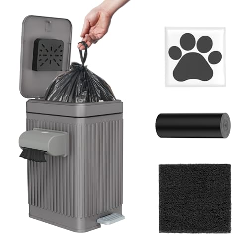 organizelink Dog Poop Trash Can for Outside & Indoor, 5L/1.3Gal Small Pet Waste Bin with Odor Control Carbon Filter Lid, 2-Way Open (Step & Press Top), Dog Waste Container with Bag Holder, Grey