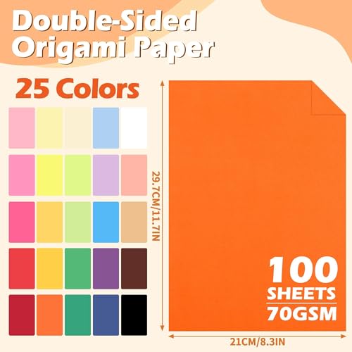25 Farben Origami-Papier 100 Blatt A4 70g/m² Buntpapier 21,0 x 29,7 cm Doppelseitig Bedrucktes Bastelpapier für DIY Kunsthandwerk Schulprojekte Kinder und Erwachsene UAP200D