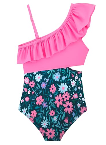 Image of Alakuoti Girls One Piece Swimsuits Cutout Ruffle Bathing Suit Quick Dry Beach Swimwear with Adjustable Strap 5-14 Years