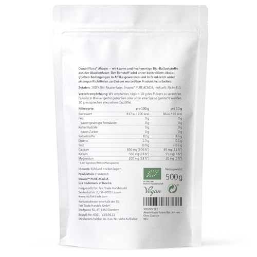 Akazienfaser Pulver Bio - 500 g - 80% Ballaststoffanteil - 50 Tage Vorrat - Bio-zertifiziert & Natürlich rein - Ohne Zusätze