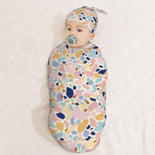 Image of Pastel Coloured Terrazzo Newborn Swaddle Blankets Hat Sets Soft Baby Receiving Blanket Swaddle Sack for Baby Shower Infant Boy Girl Gift