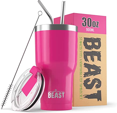 Image of Beast 30 oz Tumbler Stainless Steel Insulated Coffee Cup with Lid, 2 Straws, Brush & Gift Box by Greens Steel (30oz, Cup Cake Pink)