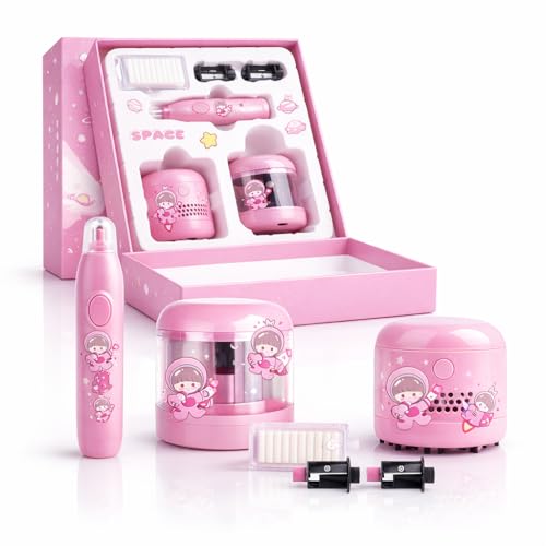 Image of Magicwand Battery Operated Pencil Sharpener,Electric Eraser,Vacuum Cleaner Stationery Set with 10 Eraser Refills for Kids,Adults for Home Office School【Crane Pink】