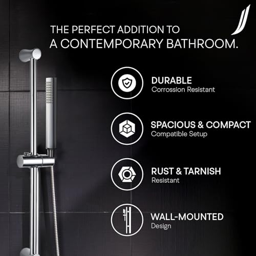 Image of Jaquar 19mm Dia & 600 mm Long Round Shape Sliding Rail with Hand Shower Holder - Universal Bathroom Shower Accessory Organizer, Silver, Chrome Finish