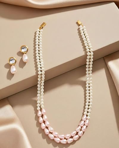Image of Mansiyaorange Double Layered Glass Pearl Mala Neckalce with Kundan Earrings Jewelry Set