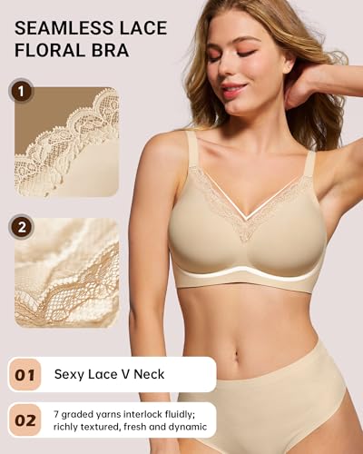 HORISUN Wireless No Underwire Bra for Women V-Neck Lace Trim Jelly Supportive Seamless Bra Comfortable Tshirt Bralette (Nude 40B) — view 2