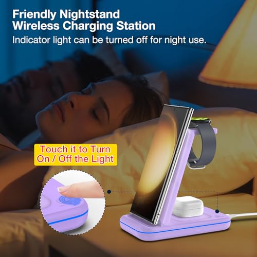 Image of Multi Charger for Samsung, Foldable Charger ONLY for Galaxy Watch Ultra /7 /6 /5 /4 /3 /Active 2, Travel 3 in 1 Fast Charging Station /Dock for Samsung S24 /S23 /S22 /S21 /S20 /Note 20, for Buds 3 /2 Pro(Violet)