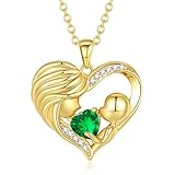FANCIME Gold Mom Birthstone Necklace Emerald Mother and Child Love Heart Necklace I Love You Mom Gifts Mothers Day May Jewelry Gifts for Grandmother Women Wife, 16'+2' Inches
