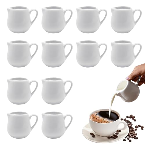 12 Pcs Small Milk Jugs, 110ml White Ceramic Milk Jug with Handles, White Ceramic Mini Milk Jug, Sauce Pots, Gravy Jug, Mini Milk Creamer Pitcher for Milk Coffee, Suitable for Kitchen Office Café