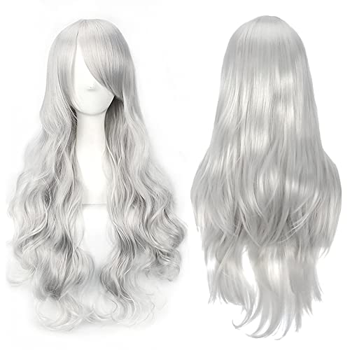 YEESHEDO Women's 28" 70 cm Cosplay Wig Long Wavy Curly Hair Ends with Bangs Wigs for Ladies Heat Resistant Synthetic Wig for Party Costume Anime Halloween (Silver Grey)