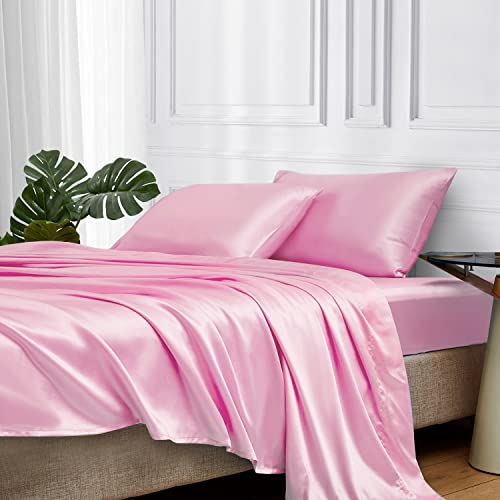 Image of MR&HM Satin Bed Sheets, Twin Size Sheets Set, 3 Pcs Silky Bedding Set with 15 Inches Deep Pocket for Mattress (Twin, Pink)