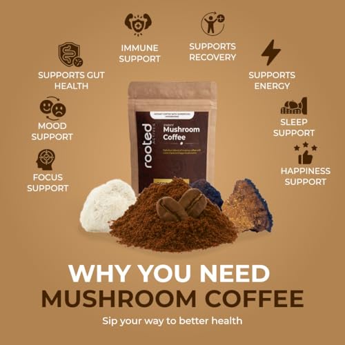 Rooted Active's Premium Adaptogenic Mushroom Coffee with Lions Mane & Chaga Mushrooms for Better Focus, Energy, Digestion, Superfood Coffee Powder, 100 Grams (KETO Friendly) | Instant Arabica Coffee