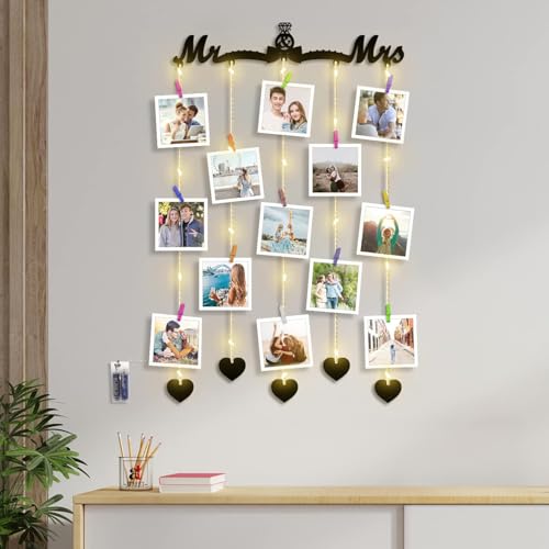 Image of Art Street Mr & Mrs MDF Plaque Clip Photo Frame Collage Hanging Frame with Wooden Clips with LED Lights, Valentine Day Gift (Black, 18.5 x 32 Inch)