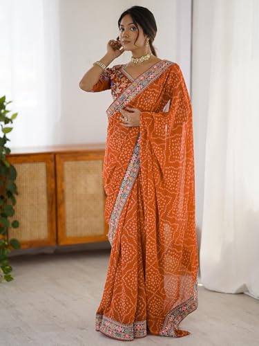 Image of Satrani Women's Georgette Bandhani Printed Sequin Embroidery Saree with Unstitched Blouse Piece
