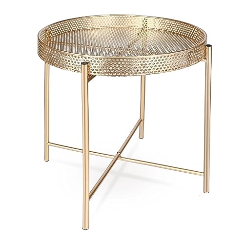 AAMEN Gold Accent Metal End Table, Metal Tray Table with Removable Tray, Anti-Rust Nightstand for Bedroom Balcony Patio Living Room