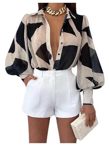 Floerns Women's Button Down Sheer Chiffon Blouse Shirts Long Sleeve Collar See Through Blouse Tops