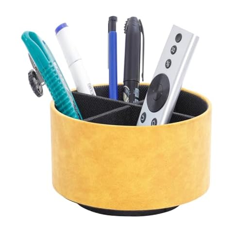 LINKWELL Remote Control Holder For Table, 360 Degree Spinning Desk Organizer For Bedside Night Stand, TV Remote Caddy with 4 Compartments, Office Rotating Pen Holder Yellow PH126 Cover