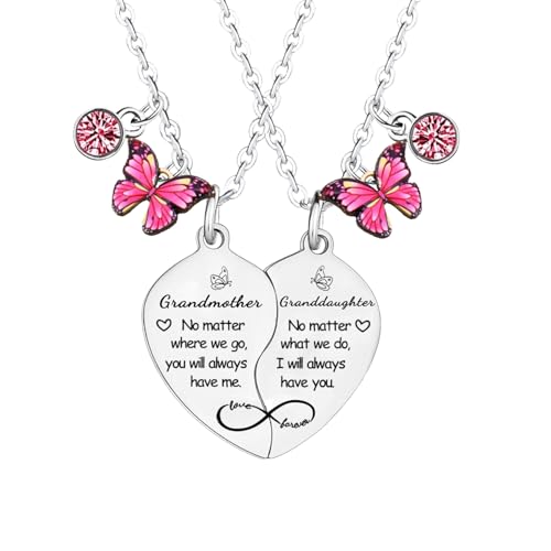 Nfyxcaz 2PCS Grandmother Granddaughter Heart Matching Necklace Gifts for Grandma from Granddaughter Mothers Day Gifts Butterfly Necklace Christmas Birthday Gift for Grandma Granddaughters