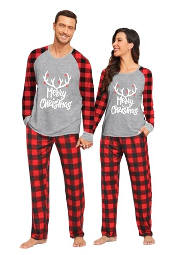 YOPUGEE Christmas Pajamas for Couples Long Sleeve Christmas Plaid Pjs Xmas Sleepwear, Grey Plaid &...