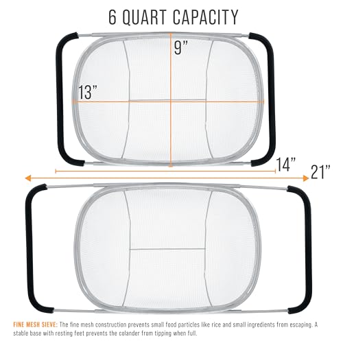 U.S. Kitchen Supply Stainless Steel Colander Strainer - 6-Quart Collapsible Colander with Expandable Rubber Handles - Rectangular Sieve, Fine Mesh Stainless Steel Strainers and Colanders for Kitchen