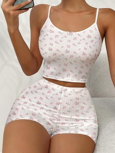 Image of Hilinker Womens Graphic 2 Piece Pajama Set Summer Cute Crop Cami and Shorts Ribbed Lounge Sets