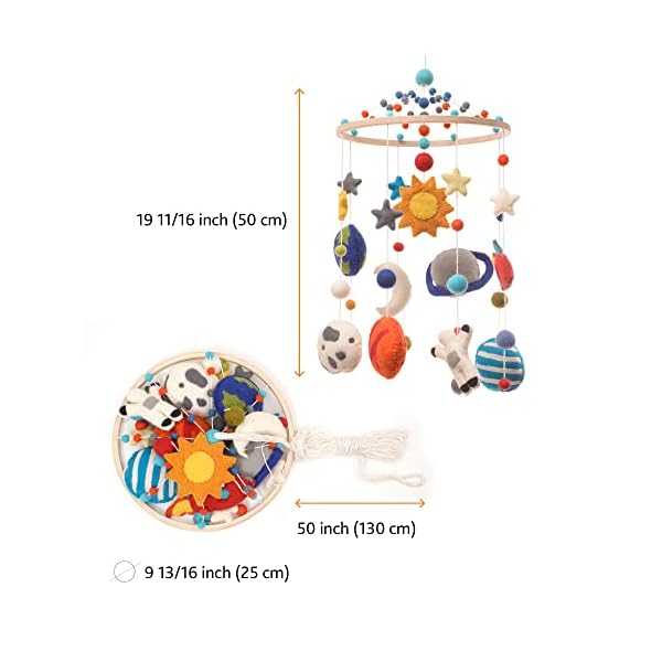 Glaciart One Space Nursery Mobile - Bunte Dekoration für Kinderbett, Babyzimmer - Handgefertigt, kindersicheres Holz, Filzwolle & Baumwolle - Sonnensystem-Dekoration für Mädchen & Jungen - 10x24 Zoll – Bild 6