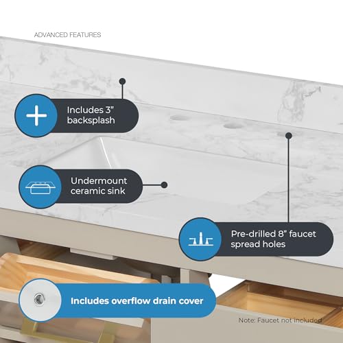 Image of OVE Decors Athea 48 in. Single Sink Freestanding Greige Bathroom Vanity with White Engineered Marble Top, Matching Backsplash, Power Bar and Brushed Gold Hardware