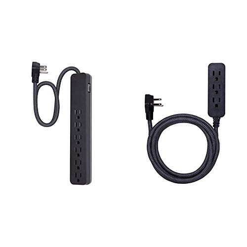 GE UltraPro 6 Outlet Surge Protector, 2 ft Designer Braided Extension Cord, Flat Plug, Long Power Cord & Designer Extension Cord With Surge Protection, Braided Power Cord, 8 ft, 3 Outlets, Black/Grey