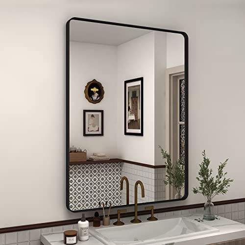 Charmor 28X36 Black Matte Bathroom Mirror, Rectangle Framed Vanity Mirror For Wall, Rounded Corner, Anti-Rust, Shatterproof (Horizontally/Vertically) #TOP9