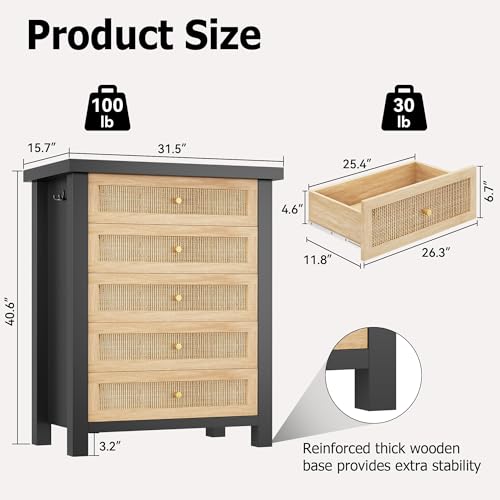 Image of Natural Rattan Dresser for Bedroom with 5 Drawers, Wood Boho Chest of Drawers with Gold Metal Handle, Matte Top Bedroom Tall Dresser with Large Drawers for Living Room, Closet, Hallway, (Black)