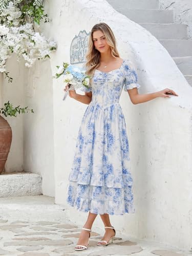 Image of Scarlet Darkness Women Floral Maxi Dress Puff Sleeve Tea Party Corset Dress | Pockets, Ruched Bust, Ruffled Hem, for Cottagecore Fairy Milkmaid Vacation