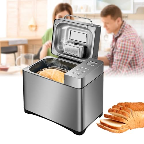 Konfiur 650W Brotbackautomat, Brotbackmaschine mit Frucht-Nuss-Spender und Timber, Edelstahl Bread Maker 19 Programme, 34 * 21 * 31cm Rosinen-Nussverteiler und Hefespender, Silber – Bild 3