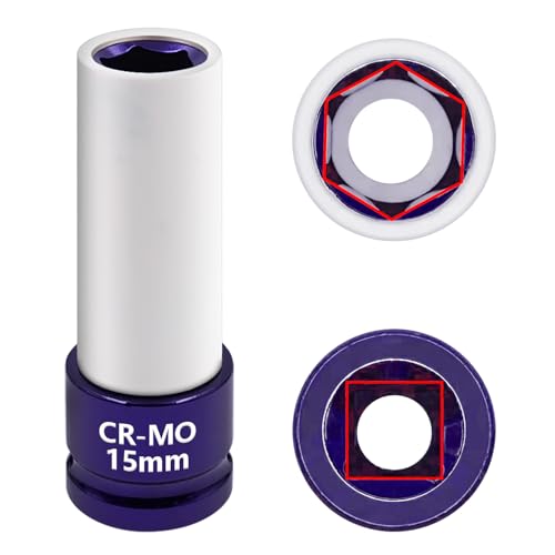 Image of 15mm 1 /2 inchDrive Wheel Protector Impact Socket, Lug Nut Impact Socket | 6 Point, Non-Marring, Thin Wall, Deep Socket, Wheel Protector, Protective Socket, Color-Coded, Cr-Mo Steel, Hand Repair Tool