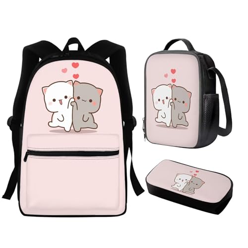 HUIACONG Pink Cat Girls Backpack Age 8-10/10-12 Years Old,Teenage Elementary School Bookbag with Lunch Box and Pencil Case Kids Primary School Bags Set 3 in 1