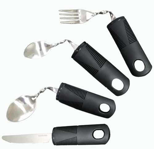 Parkinson Cubiertos Seniors, 4 Piezas Cuchara adaptables Juego de Cubiertos Discapacidad Flexible Utensilios con Mangos Anchos para Ancianos, Artritis, Parkinsons