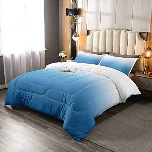 Erosebridal Sky Blue Comforter Set Full Size Ombre Bedding Set for Kids Boys Girls Blue White Gradient Down Comforter Sea Ocean Blue Farmhouse Modern Abstract Art 3D Print Quilt Duvet Insert