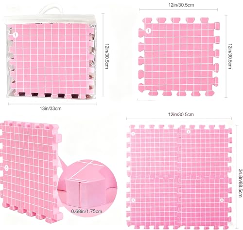 Image of MEVOME Blocking Mats for Knitting 200 T-pins 100 Locking Stitch Markers, Extra Thick Block Boards Crochet Projects Grid Lines Needlepoint Knit Crocheting, 9 Foam Interlocking Mat Storage Bag (Pink)