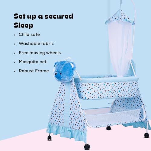 Image of BAYBEE CozyNest Baby Cradle and Swing Jhula for Newborn Babies with Removable Mosquito Net, Washable Fabric, Lockable Wheels & Safe Sleeping Bed Crib for Infants Up to 2 Years (Blue)