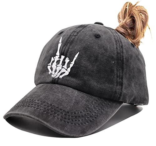 Image of Skeleton Hand Hat, Skull Finger Baseball Cap Adjustable Washed Distressed Denim for Men Women