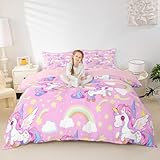 Manfei Einhorn-Bettwäsche-Set für Kinder, Einzelbett, Regenbogen-Stern-Muster, 2-teilig, für Kinder, Mädchen, Jungen, Erwachsene, Raumdekoration, Einhörner, Fantasie-Bettbezug, Prinzessinnen-Mädchen