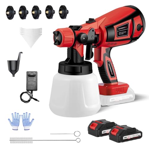 Pistola de Pintura, 21V 3000RPM Pulverizador Eléctrico con 2X 5000 mAh Baterías, 5 Boquillas Y 3 Modos de Pulverización con Depósito de 1000ml, Ideal para Pintar Casas, Paredes, Vallas Y Techos