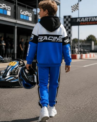 Image of Boy 2 Piece Outfits Long Sleeve Racing Hoodie Top and SweatPants Fall Winter Clothing Set Sizes 5-12 Years