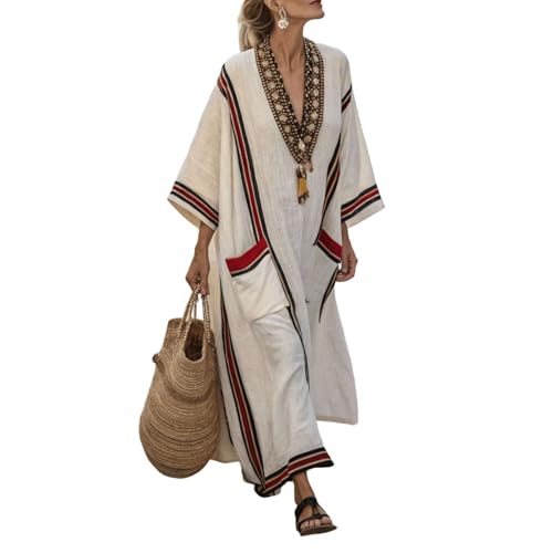 Sommerkleid Damen Lang Strandkleid - Vintage Kaftan Maxikleid Luftig V-Ausschnitt Boho Tunika Kimono Hippie Style Kleider Beach Cover Up Dress mit Taschen Freizeitkleid Urlaub (A11 L)